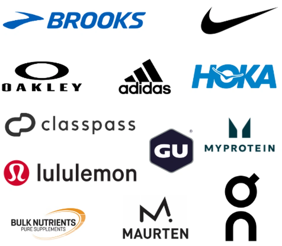 Brooks, Nike, Oakley, Adidas, Hoka, ClassPass, GU, Myprotein, lululemon, Bulk Nutrients, Maurten and On